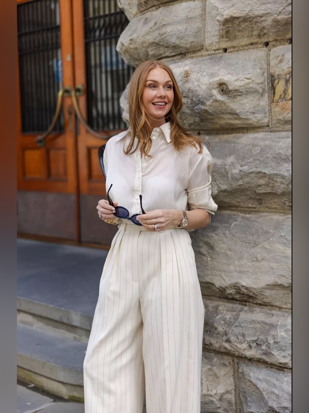 NWT Anine Bing Bridget Pinstriped Satin Shirt - Cream